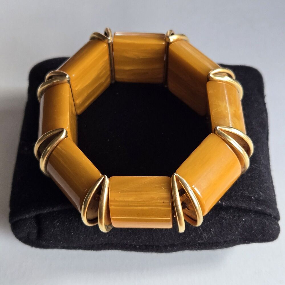Chunky Vtg Bakelite Stretch Bracelet Wide Log Segment Marbled Amber Yellow 1940s